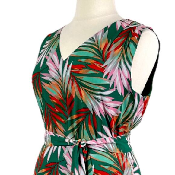 Tahari Maxi Dress V-neck Tie Waist Chiffon Green Tropical Leaf Women’s Size 16 - Picture 10 of 13